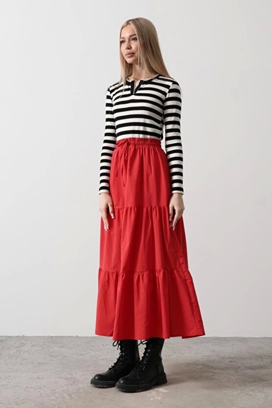 Pamuklu Beli astikli Etek  Kırmızı