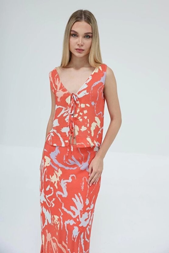 Bağcıklı Bluzlu Etek Takım Kırmızı