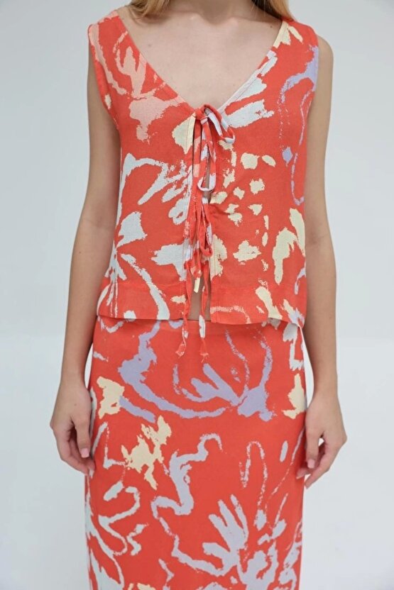 Bağcıklı Bluzlu Etek Takım Kırmızı