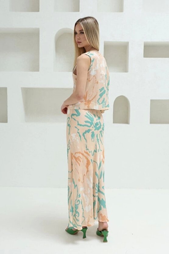 Bağcıklı Bluzlu Etek Takım Pudra