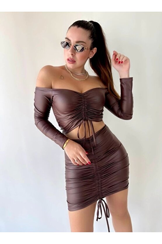 Kadın Büzgülü Deri Etek Takım Fırsat Ürün