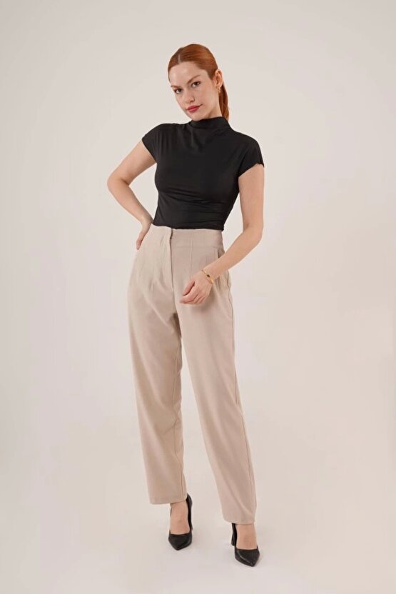Çift Pens Detaylı Krem Pantolon