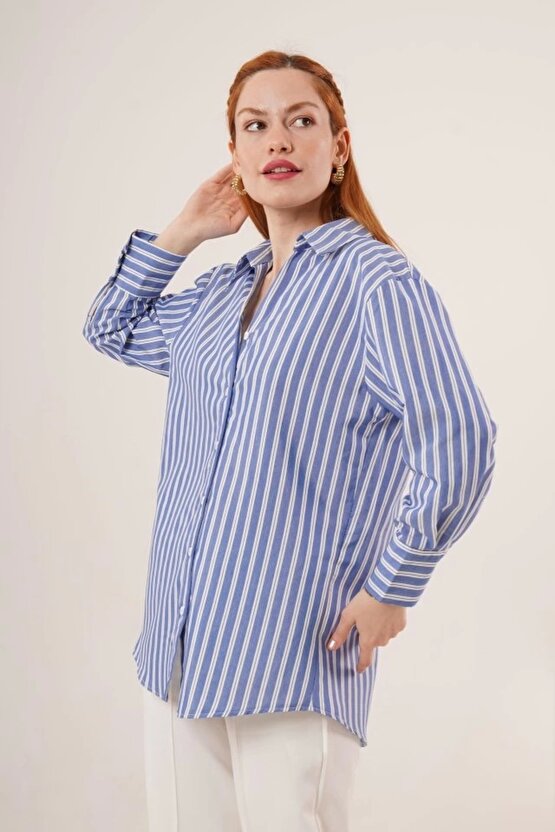 Çift Çizgi Geçişli Düğmeli avi Gömlek