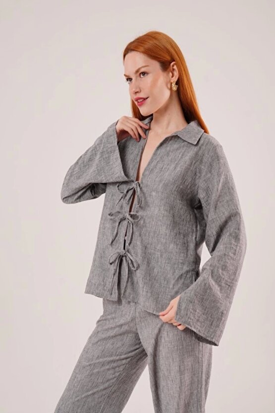 Ön Bağlama Detaylı Pantolon Ve Gömlek Antrasit İkili Takım