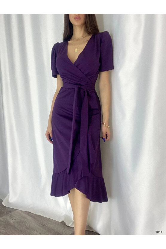 MDB Kadın Kruvaze Yaka idi Boy Kuşaklı Krep Elbise 120 Cm