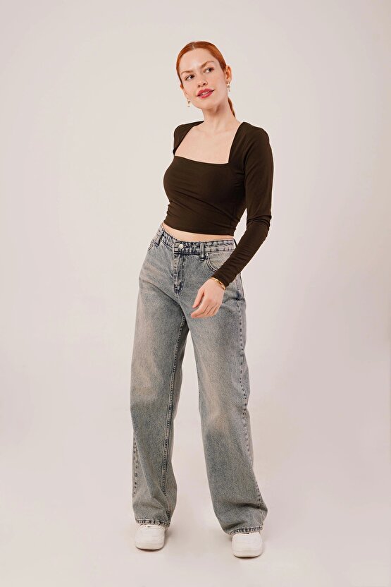 Kare Yaka Basic Kahverengi Bluz