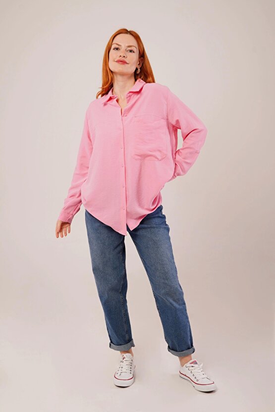 alaş Kesim Cepli Pembe Gömlek