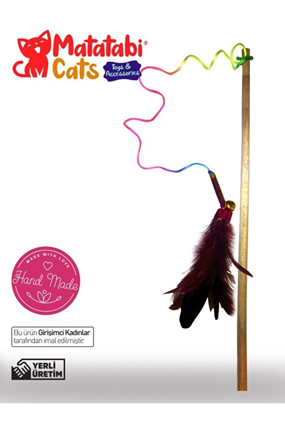 Çubuklu Ahşap Saplı Kedi Oltası, Kedi Oyuncağı 50 Cm (kedi Otu Içermez)