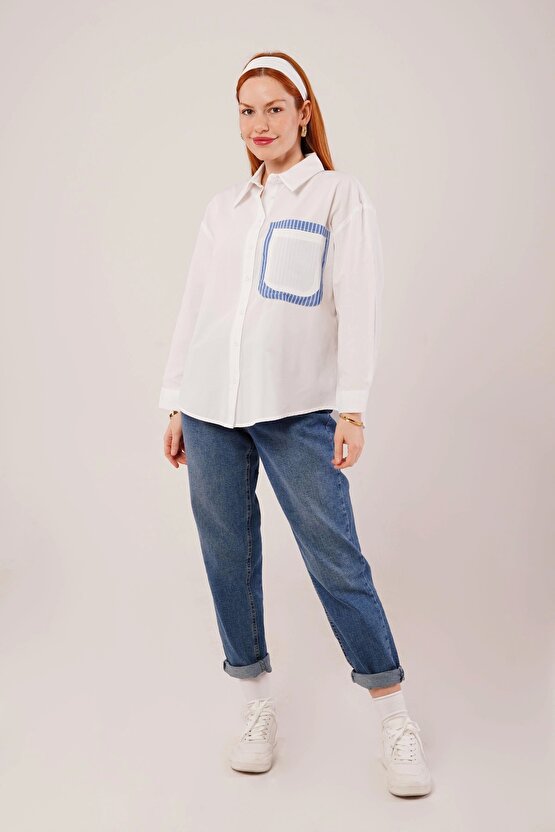 Çizgili Cep Detaylı Beyaz Gömlek