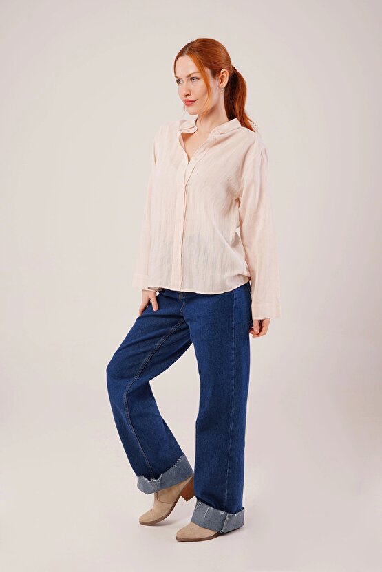 Düğmeli Ve Çizgi Detaylı Krem Gömlek