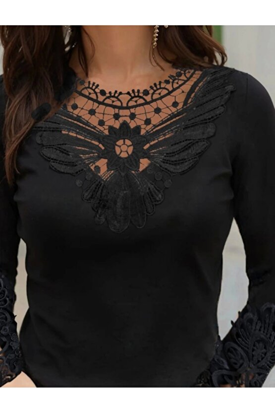 Kadın Uzun Kollu Dantel Yakalı Viskon Bluz