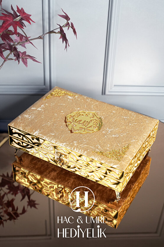 Süslemeli Hediyelik Kadife Kaplı Kutulu Kuranı Kerim | Ahşap Kutu, Kadife Kuran, Şal ve İnci Tesbih