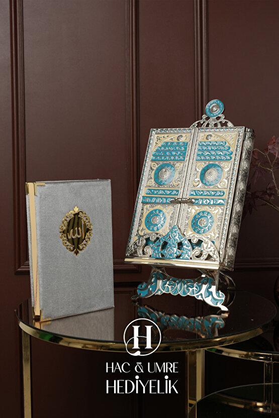 Gümüş Kaplama Kuran Kabı ve Kadife Kuranı Kerim Seti | Hediyelik Lüks Stantlı Kuran Kutusu ve Kuran