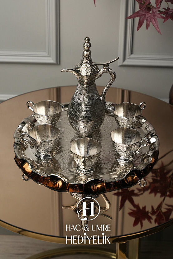 Zemzem Takımı | Zemzem Seti | El Yapımı Gümüş Zemzem Sunum Seti | Tepsi, İbrik ve Bardak Set