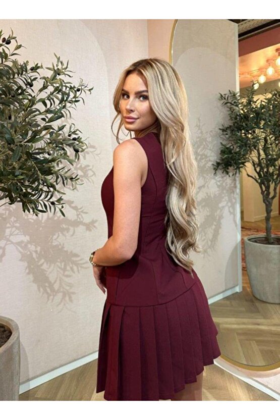 Kadın Yılbaşı özel Bisiklet Yaka Kolsuz Eteği Pileli Mini Elbise