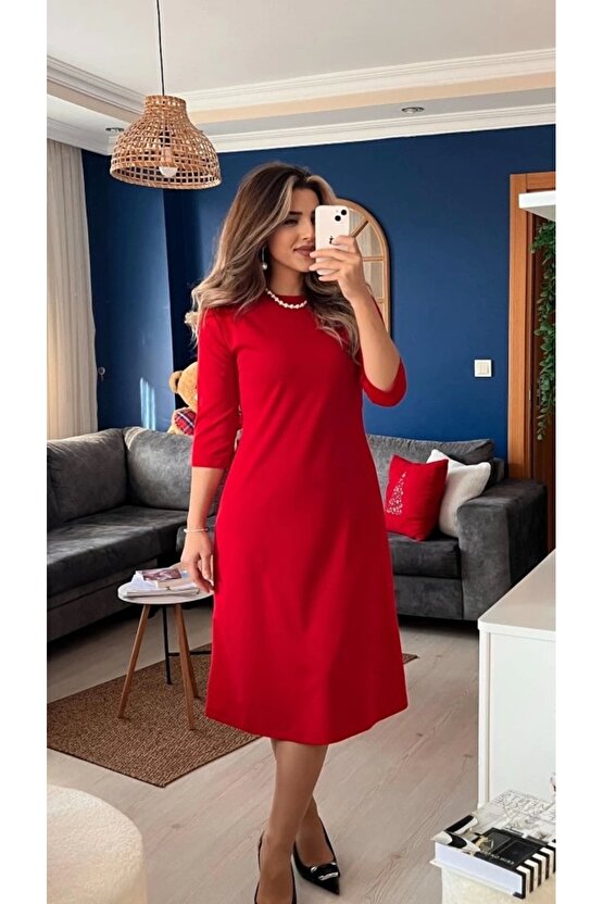 Kadın Uzun Kollu Bisiklet Yaka Midi Ithal Krep Elbise