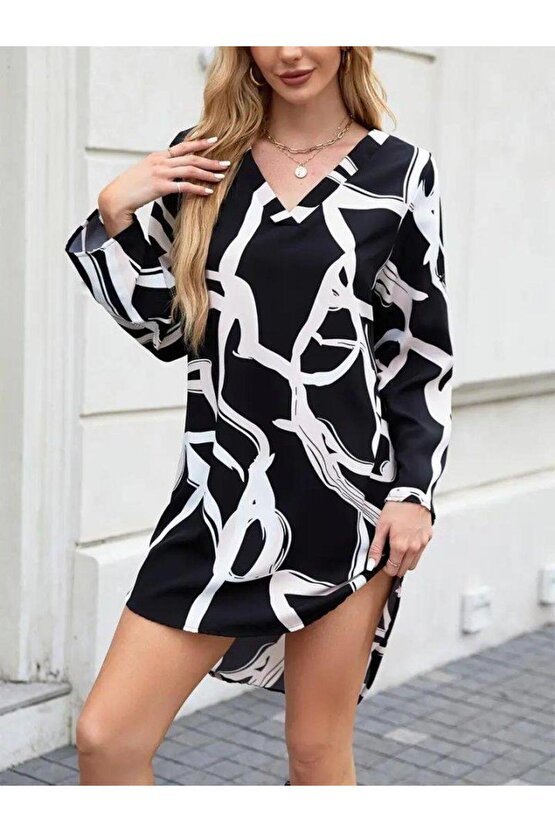 Kadın Uzun Kollu V Yakalı Desenli Dalgıç Elbise