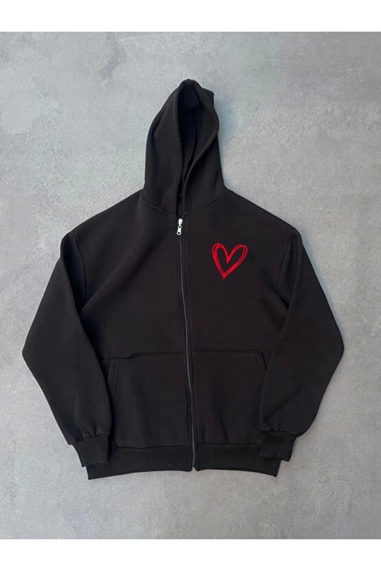 Üç İplik Baskılı Fermuarlı Kapşonlu Hırka iyah