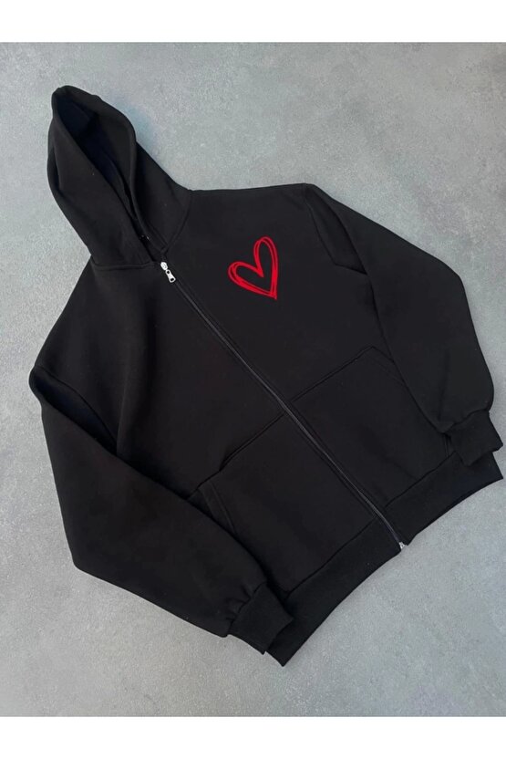 Üç İplik Baskılı Fermuarlı Kapşonlu Hırka iyah