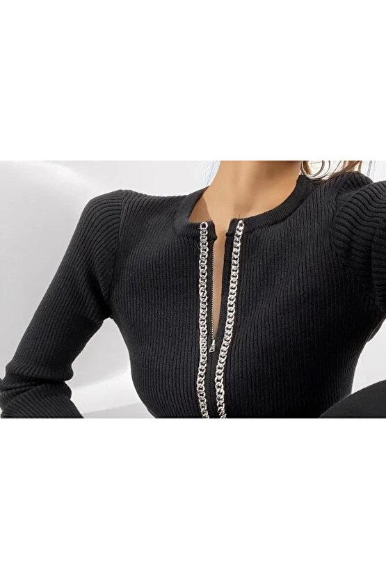 Kadın Kaşkorse Kumaş Zincirli Çift Fermuarlı Fırsat Ürün Bluz
