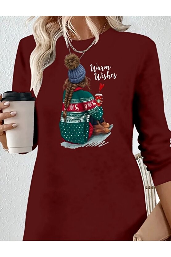 Kadın Uzun Kollu Bisiklet Yaka Desenli Viskon Iki Iplik Elbise