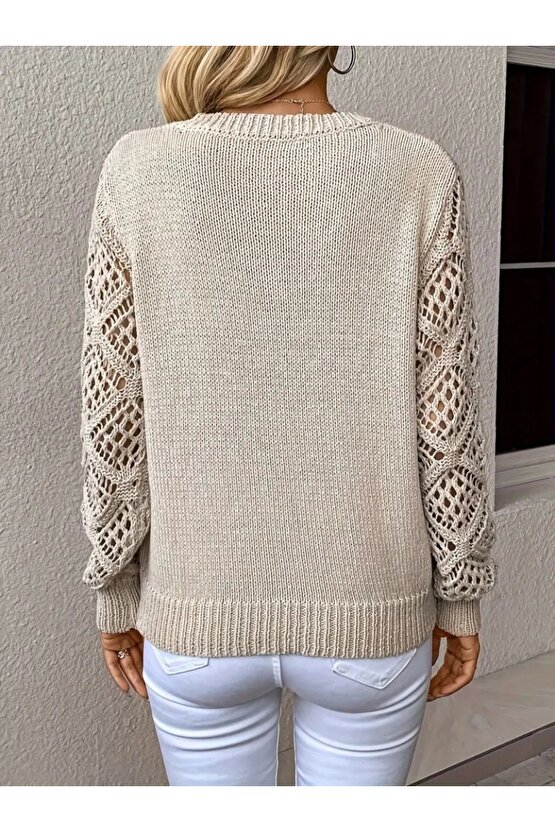 Kadın Uzun Kollu V Yaka Kol Delikli Baklava Desen Detaylı Triko Kazak