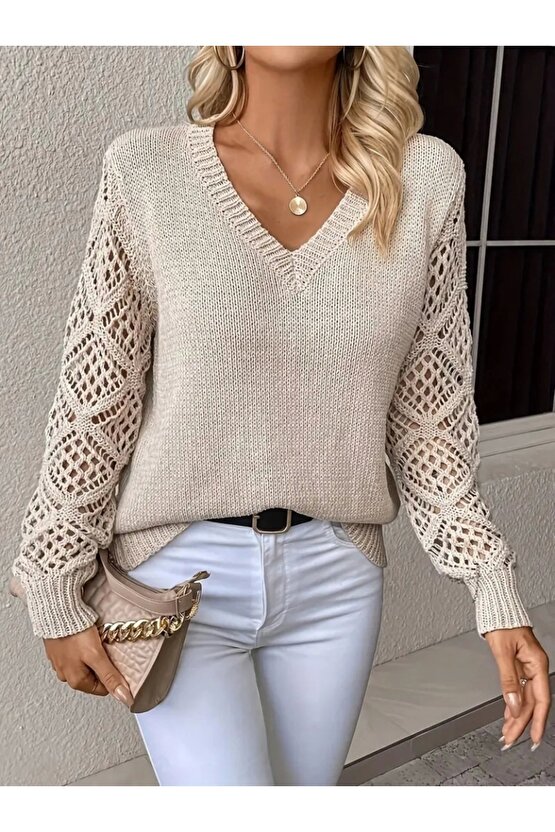 Kadın Uzun Kollu V Yaka Kol Delikli Baklava Desen Detaylı Triko Kazak