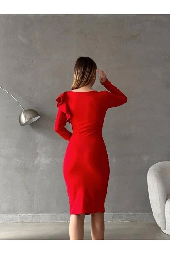 Kadın Kruvaze Yaka Volan Detay idi Boy Fırsat ürün Elbise