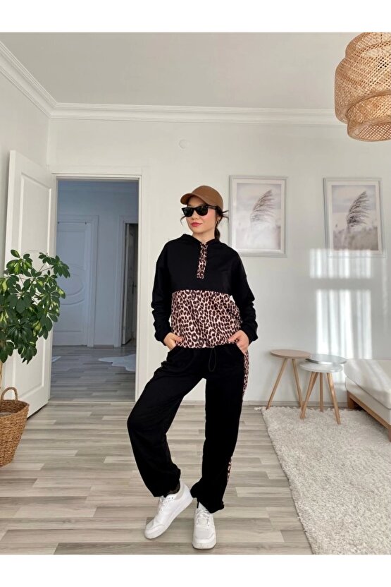 Kadın Uzun Kollu Leopar Detay weat Ve Yanı Leopar şerit Detay Pantolon Ikili Takım