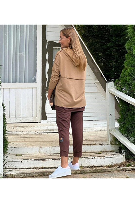 Kadın Kahve Kapşonlu Etek Ucu Detay Arma Ters Dikiş Gorunumlu Ikili Takım