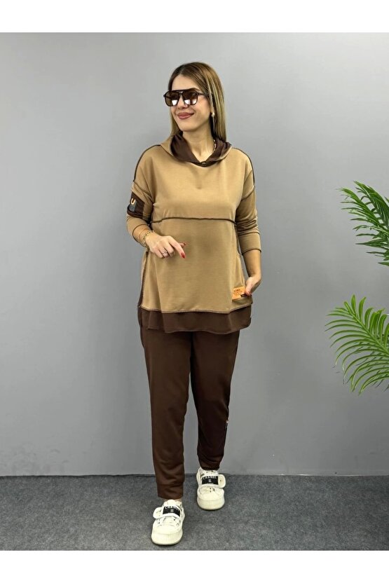 Kadın Kahve Kapşonlu Etek Ucu Detay Arma Ters Dikiş Gorunumlu Ikili Takım