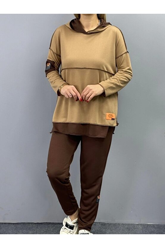 Kadın Kahve Kapşonlu Etek Ucu Detay Arma Ters Dikiş Gorunumlu Ikili Takım