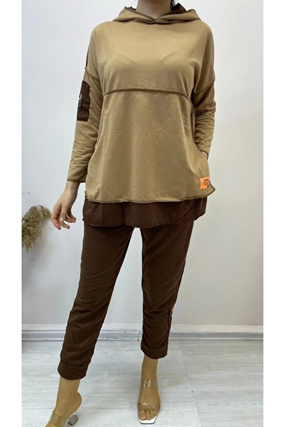 Kadın Kahve Kapşonlu Etek Ucu Detay Arma Ters Dikiş Gorunumlu Ikili Takım