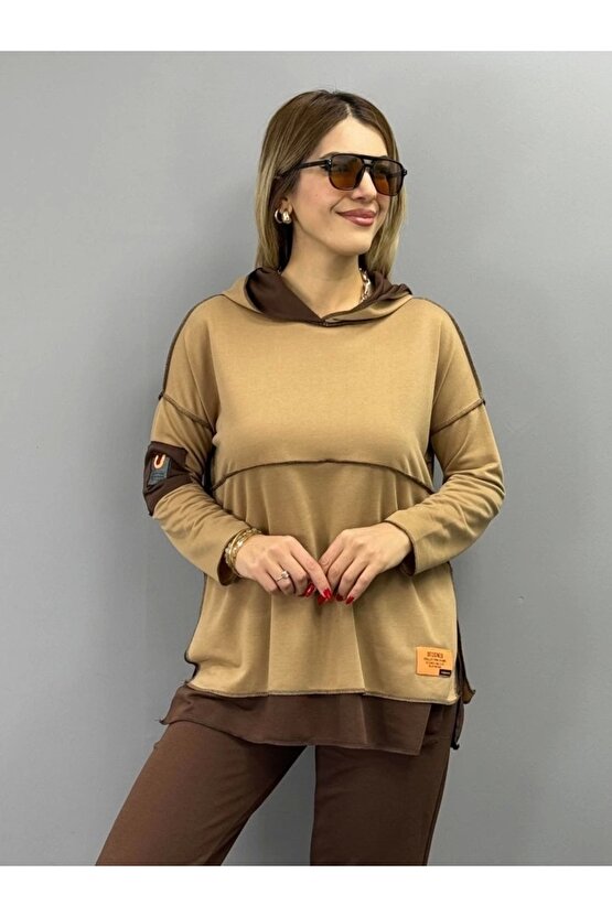 Kadın Kahve Kapşonlu Etek Ucu Detay Arma Ters Dikiş Gorunumlu Ikili Takım