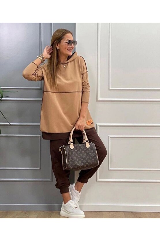 Kadın Kahve Kapşonlu Etek Ucu Detay Arma Ters Dikiş Gorunumlu Ikili Takım
