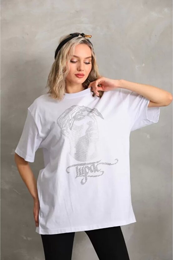 Unisex Taş Desenli Oversize Thirt Beyaz