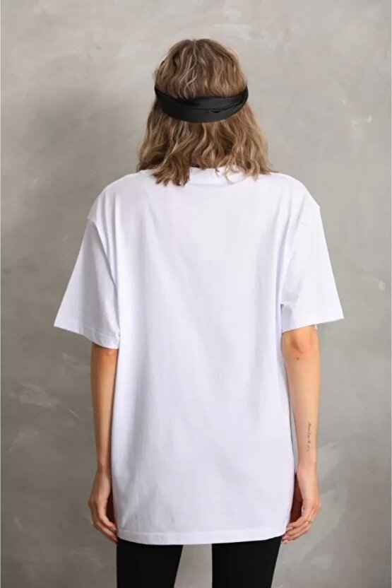 Unisex Taş Desenli Oversize Thirt Beyaz