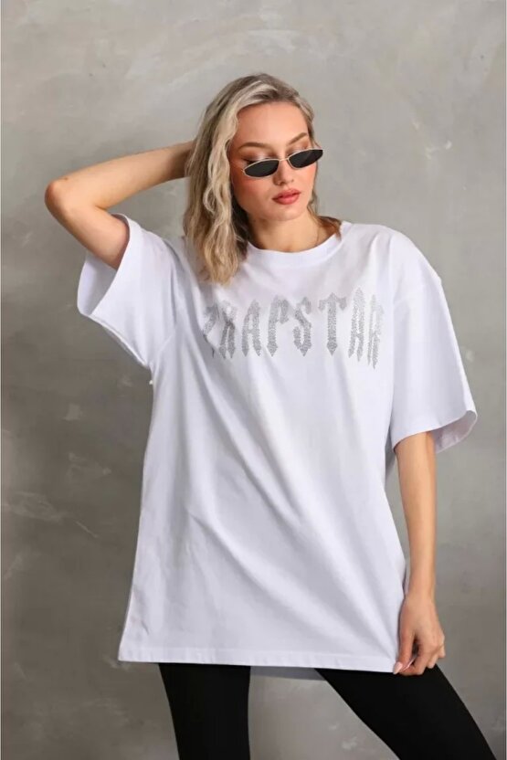 Unisex Taş Desenli Oversize Thirt Beyaz