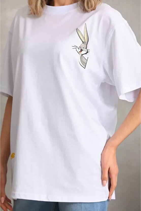 Unisex Baskılı Oversize Thirt  Beyaz