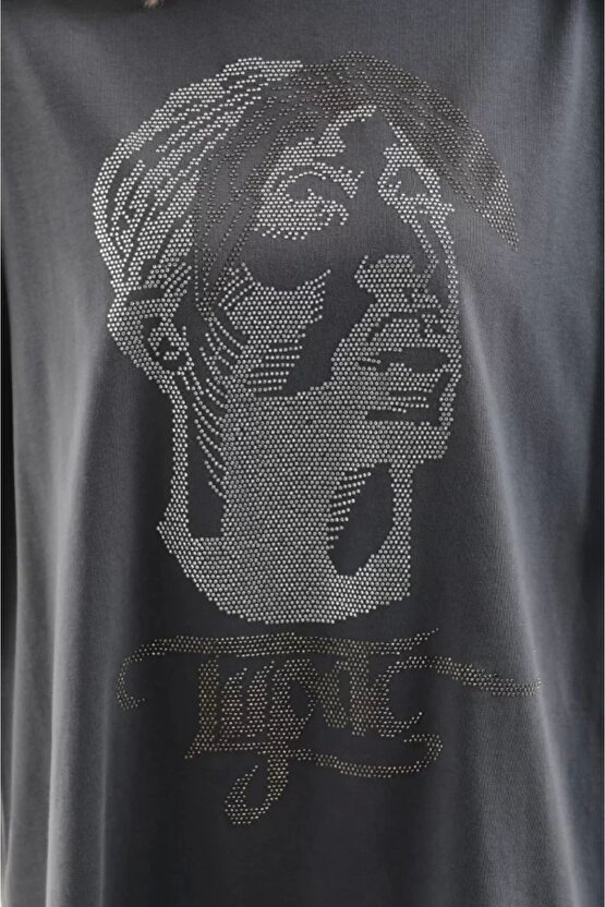 Unisex Taş Desenli Oversize Thirt Füme