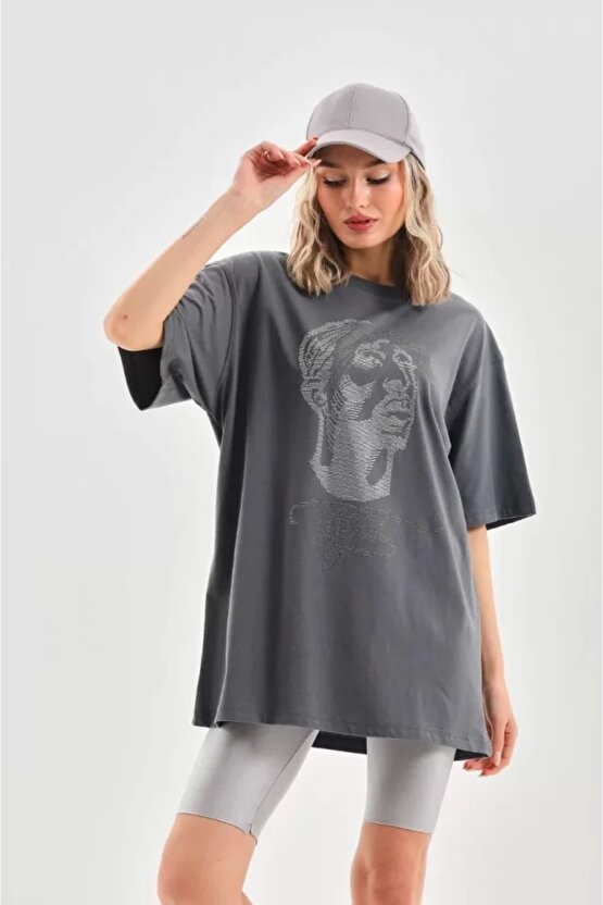 Unisex Taş Desenli Oversize Thirt Füme