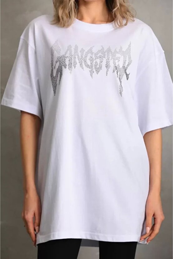 Unisex Taş Desenli Oversize Thirt Beyaz