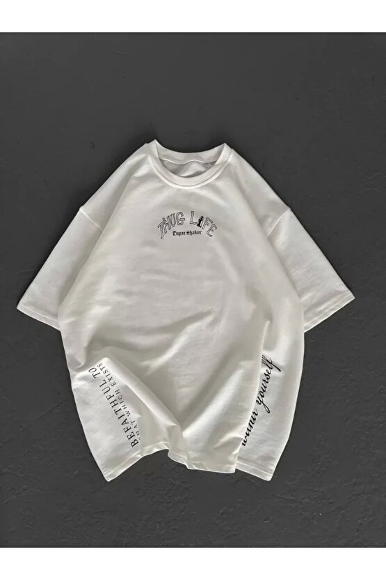 Unisex Baskılı Oversize Thirt Beyaz