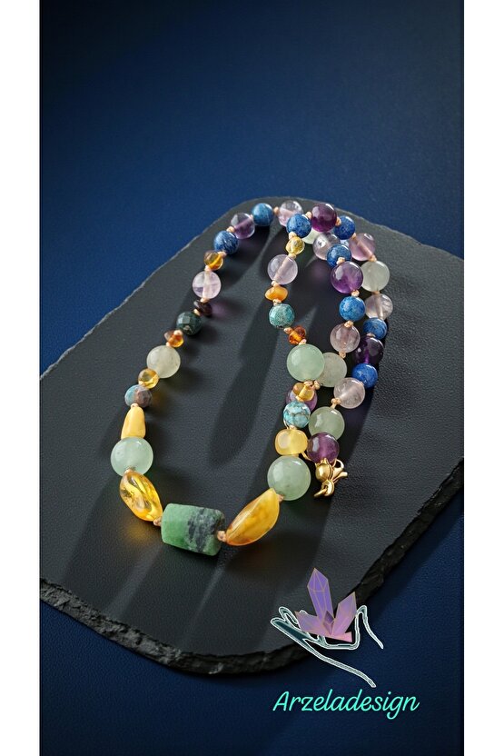 Doğal Taş Damla Kehribar Kolye Celik Aventurin Lapis Lazuli Apatit Florit Ametist Odak ve Başarı