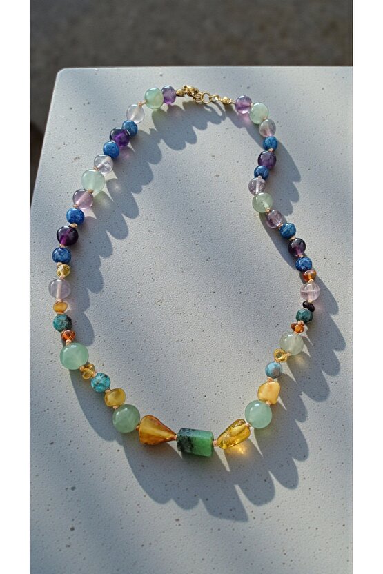 Doğal Taş Damla Kehribar Kolye Celik Aventurin Lapis Lazuli Apatit Florit Ametist Odak ve Başarı