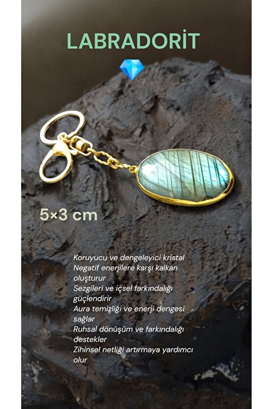 Doğal Taş Labradorit Anahtarlık 5×3 cm Nazar Koruma İçsel Güç