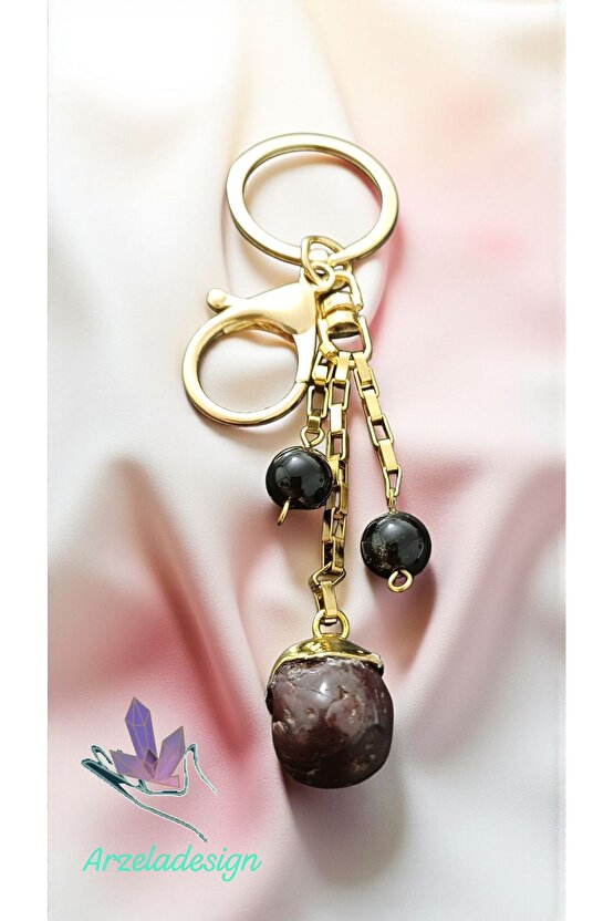 Doğal Taş Lal Garnet Obsidyen Anahtarlık Koruma ve Liderlik Enerjisi Çelik ve Altin Kaplama