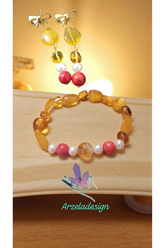 Doğal Taş Damla Kehribar Inci Mercan Bileklik Küpe Set