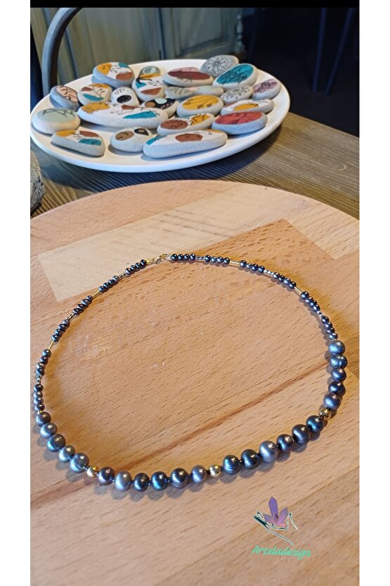 925 Ayar Gümüş Doğal Taş Kolye Siyah İnci