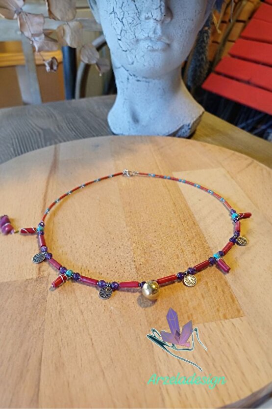 Doğal Taşlı 925 Ayar Gümüş Kolye Mercan Firuze ve Ametist Doğal Taş